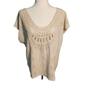 Cream Crochet Women's Short Sleeve Top Dolman Cut, Textured Scoop Neckline Lg